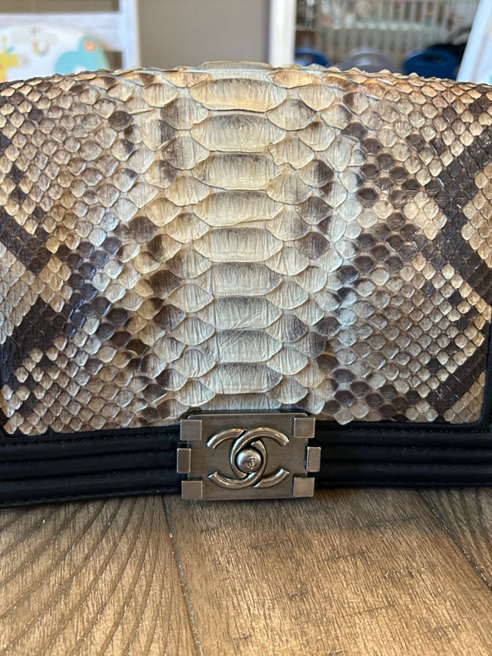VINTAGE CHANEL Beige and Black Snakeskin Boy Crossbody Bag